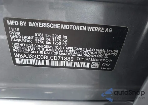 2020 BMW 540I xDrive from USA, damaged, VIN WBAJS3C08LCD71888